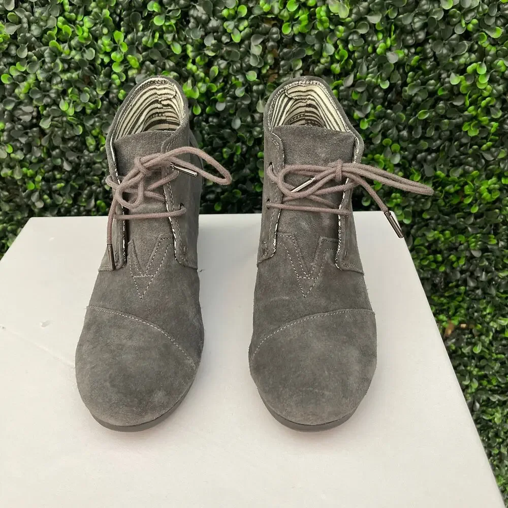 TOMS, Grey Suede Leather Wedge Booties, Women’s Size 11